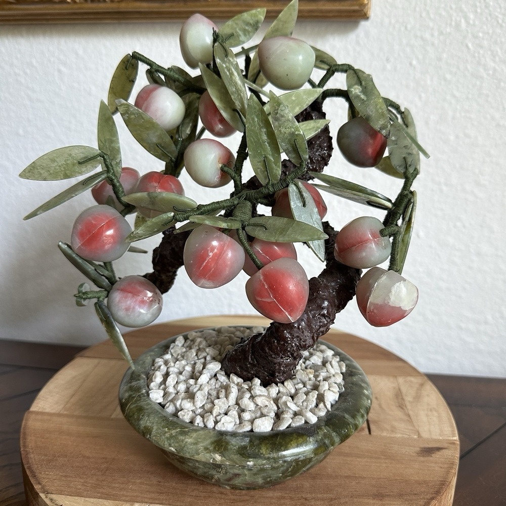 Vintage Asian Gemstone Bonzai Tree 9 Inch  Agate Peaches Nephrite Jade Leaf Bowl